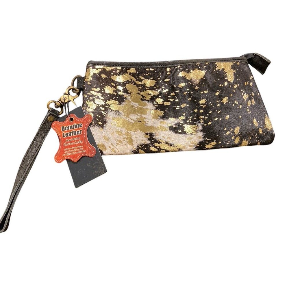 AMERICAN DARLING Cowhide Clutch Purse‎ Black Brown White Genuine Leather